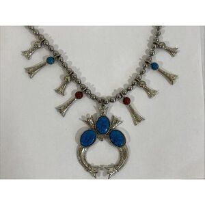 Vtg Arthur Pepper Faux Southwestern Squash Blossom Necklace Silver‎ Turquoise